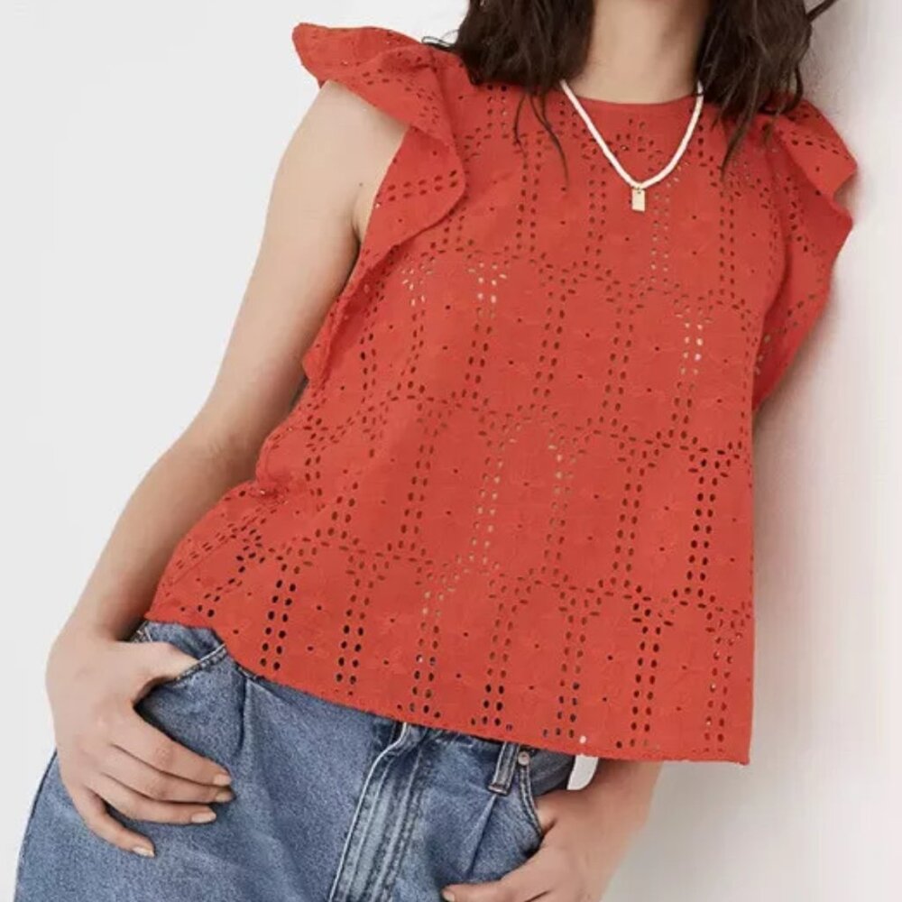 Madewell Eyelet Ruffle Strap Tank Top Orange Red MSRP $75